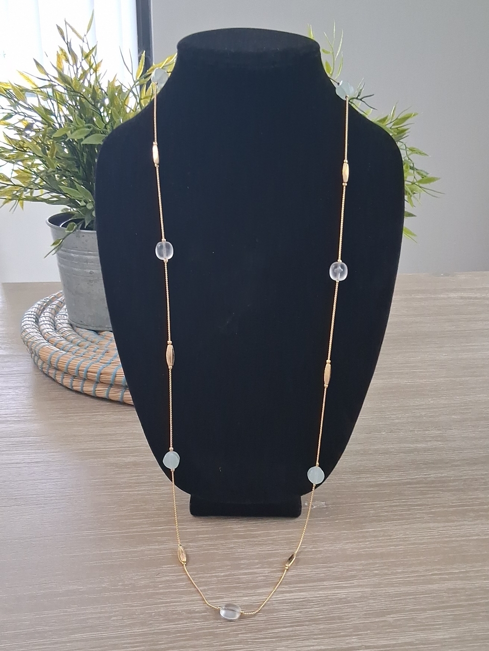 Vintage Long Necklace Blue & Clear Lucite Beads Gold Tone Silver-Plated